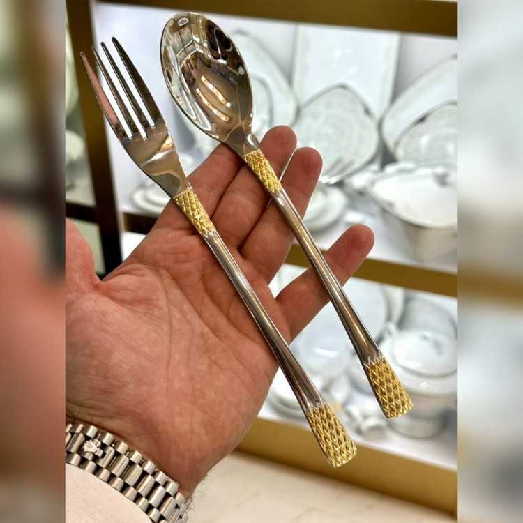قاشق چنگال 24 نفره 120 پارچه یونیک دهنه اروپایی مدل آناناسی طلایی