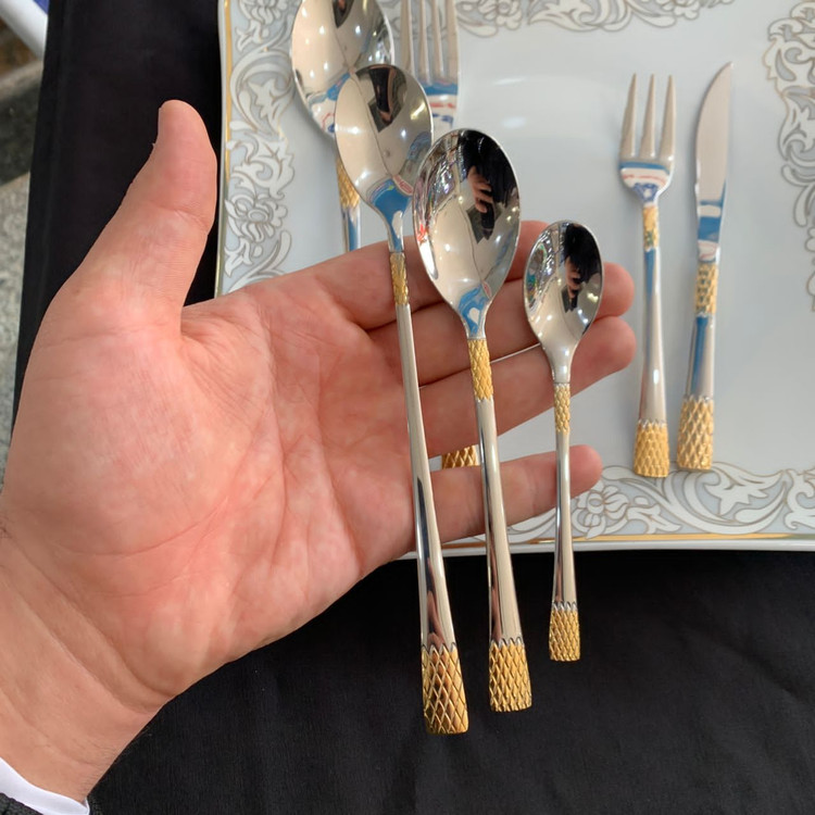 قاشق چنگال 24 نفره 120 پارچه یونیک دهنه اروپایی مدل آناناسی طلایی