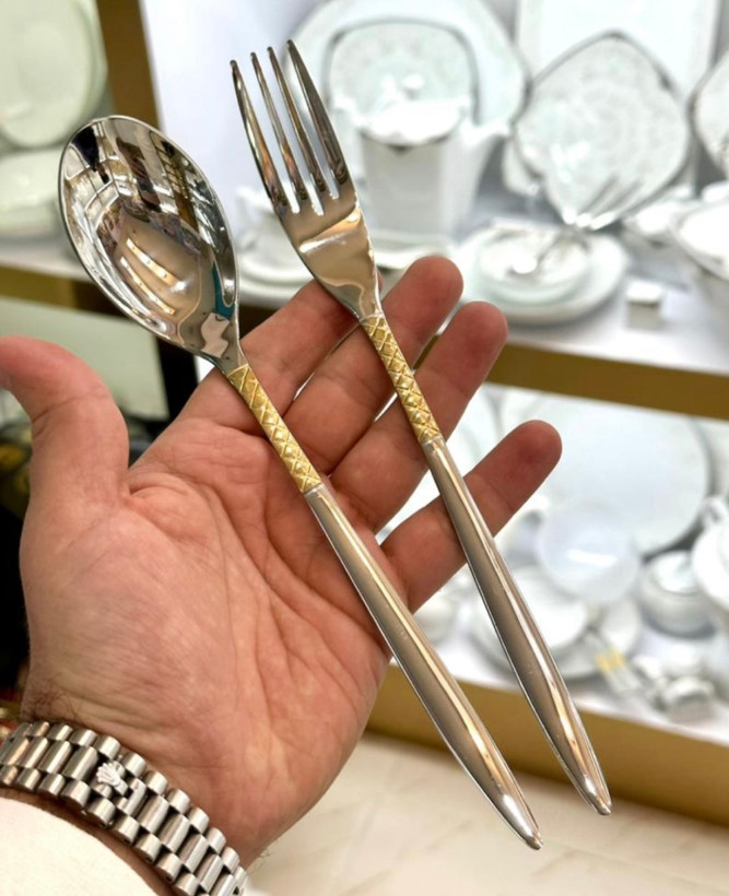 سرویس قاشق چنگال یونیک 24 نفره 120 پارچه سوزنی زنبوری نیمه طلایی