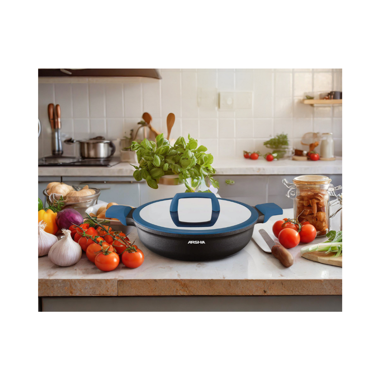 ماهیتابه عرشیا با دسته دوتایی و درب آبی، سایز ۳۲ سانتی‌متر  CO135-3107