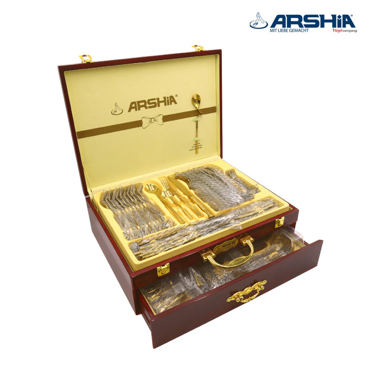 سرویس قاشق و چنگال ۸۶ پارچه عرشیا استیل طلایی و نقرهای مدل TM762G-3045