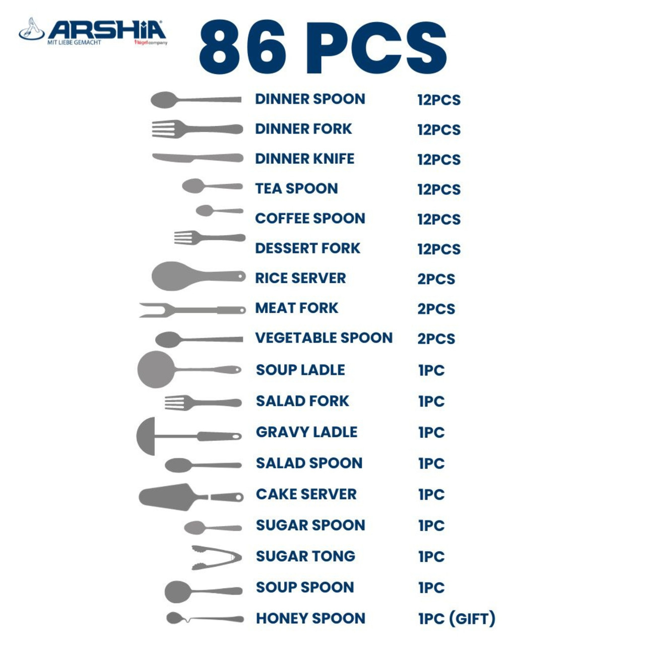 سرویس قاشق و چنگال ۸۶ پارچه عرشیا استیل نقرهای مات مدل TM762M-3042