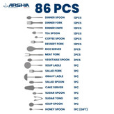 سرویس قاشق و چنگال ۸۶ پارچه عرشیا استیل نقرهای مات مدل TM762M-3042