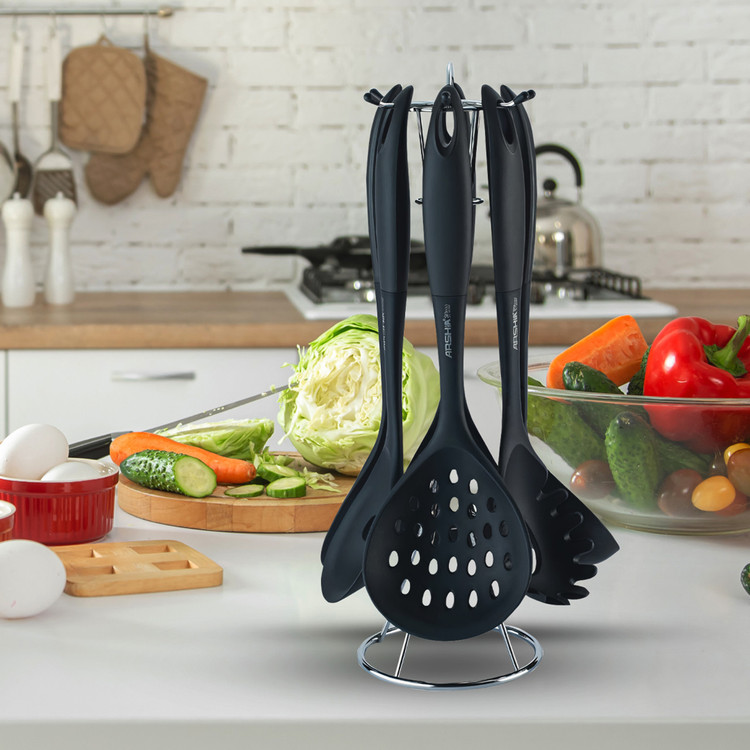 ست کفگیر و ملاقه سیلیکونی مشکی 7 پارچه عرشیا مدل UL135-3005