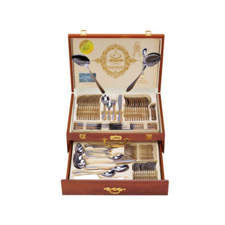سرویس قاشق و چنگال استیل ۱۳۳ پارچه عرشیا طرح چوبی طلایی و نقرهای مدل TM1401GS-2804