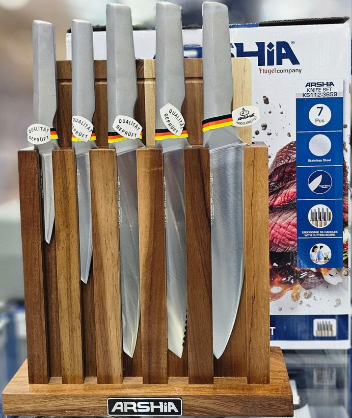 سرویس چاقوی 7 تکه عرشیا به همراه پایه و تخته برش از جنس اقاقیا