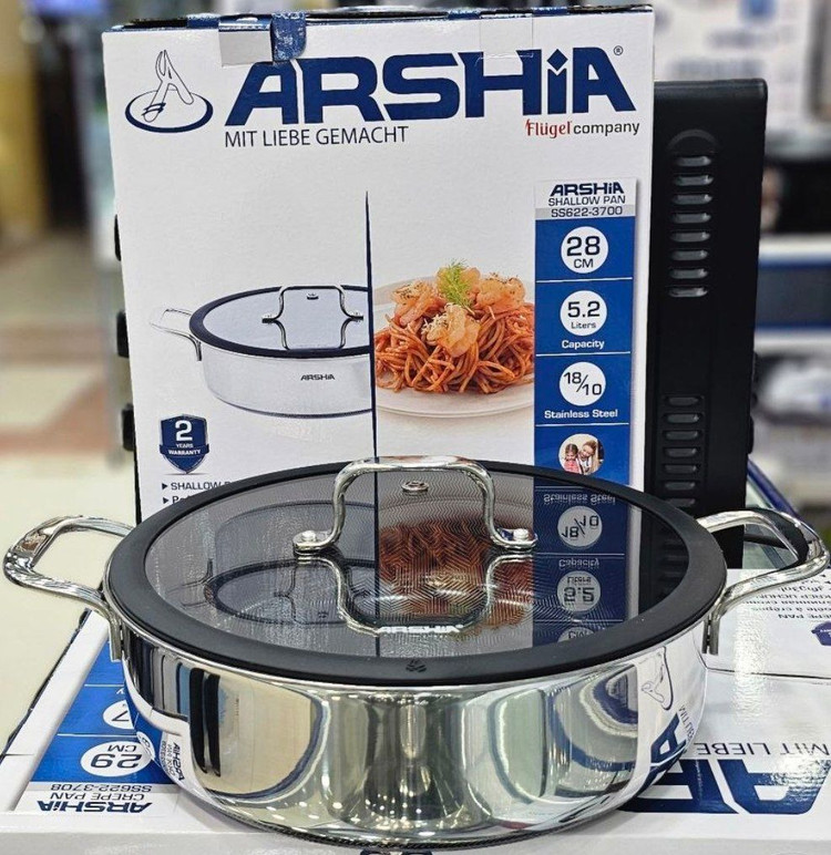 تابه استیل کف لیزری جدید دو دسته 28سانت عرشیا مدلSS622-3700